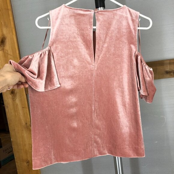 Nwt REBECCA MINKOFF Monsoon Pink Ruffled Cold Shoulder Velvet Blouse Top Sz S - Picture 7 of 10